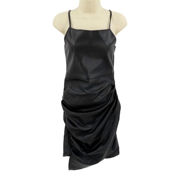 Akira Women Small Solid Black Faux Leather Spaghetti Strap Ruched Cocktail Dress - Picture 1 of 10